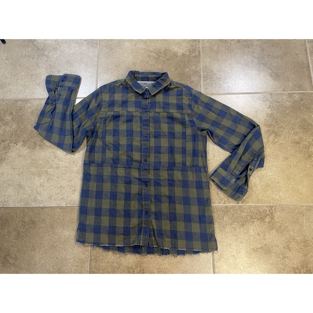 Hurley Flannel Shirt Women's Sz M Plaid Long Sleeve Button Up Green Raw Hem